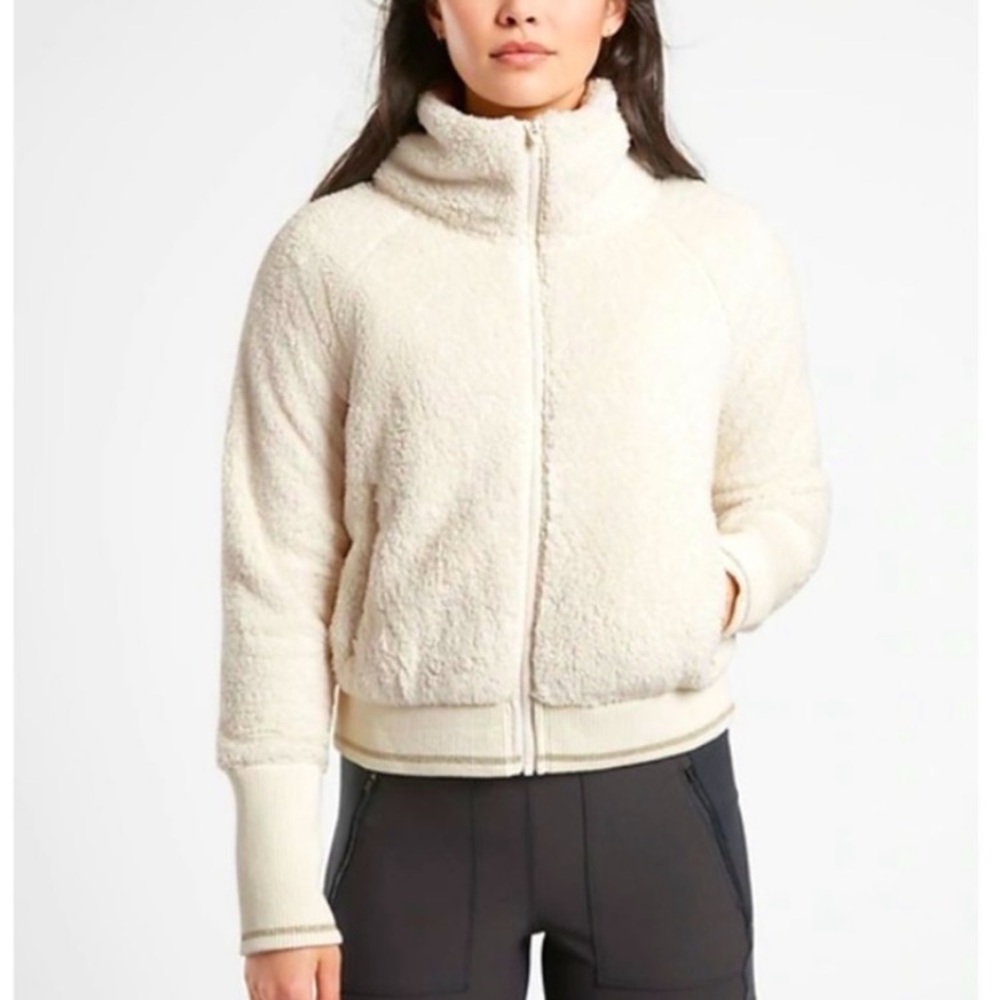Athleta Cream TUGGA Metallic Trim Sherpa Teddy Jacket